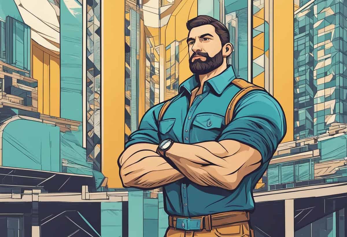 Illustration of a confident man with crossed arms standing in front of construction site.