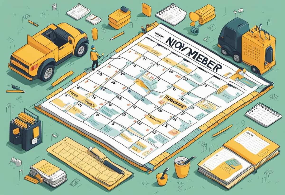 An illustrated overhead view of a desk with a large november calendar, surrounded by office supplies, a laptop, a cup of pencils, and a delivery van.