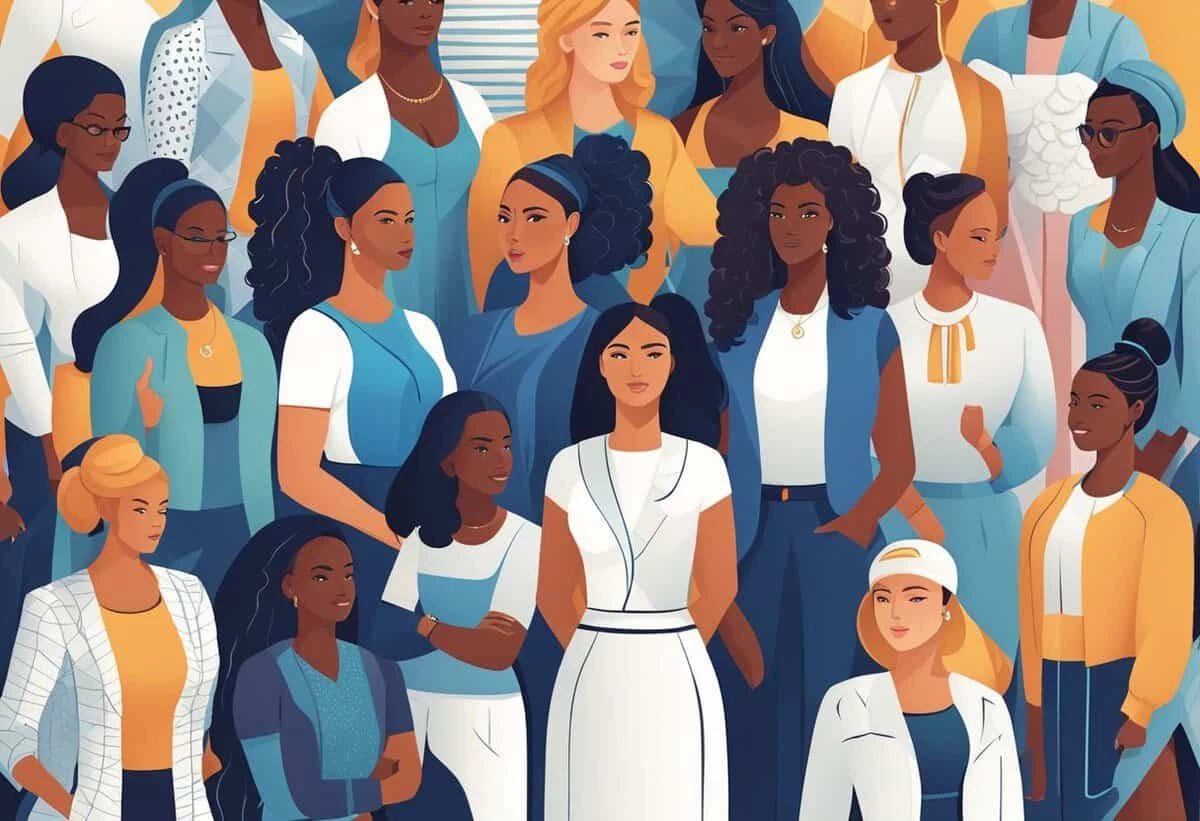 Diverse group of illustrated women standing together in solidarity.