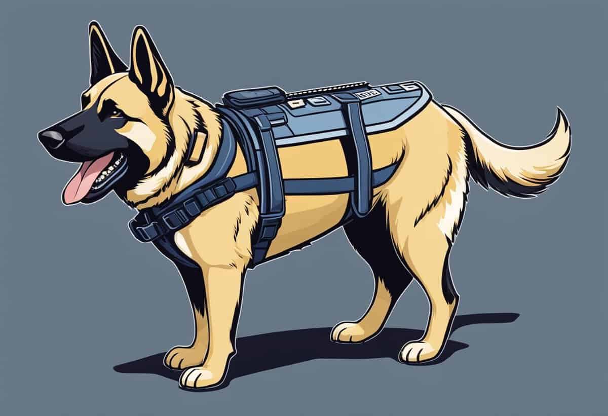 Illustration of a german shepherd in a service harness, standing at attention.