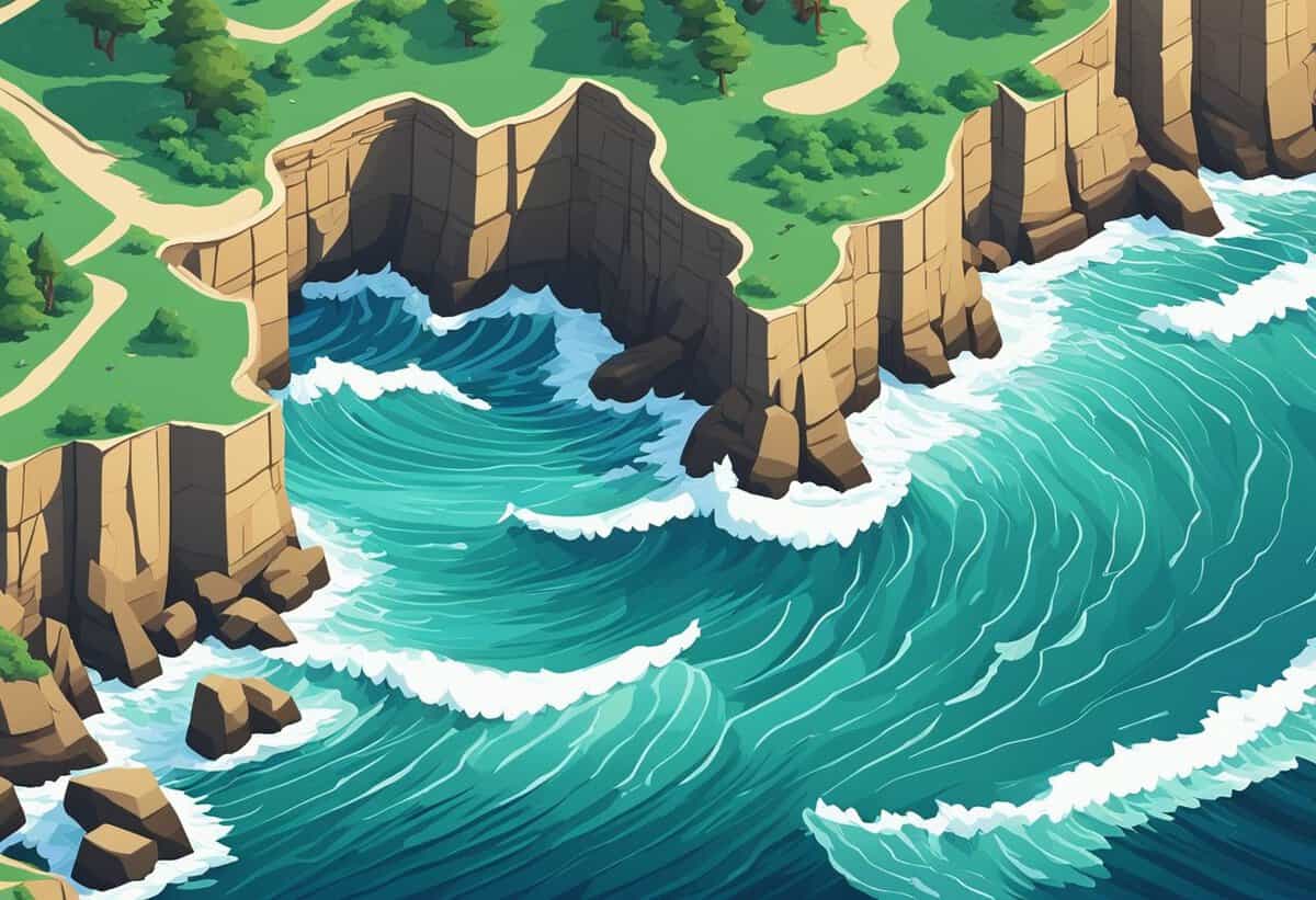 Animated coastal landscape with waves crashing against rocky cliffs.