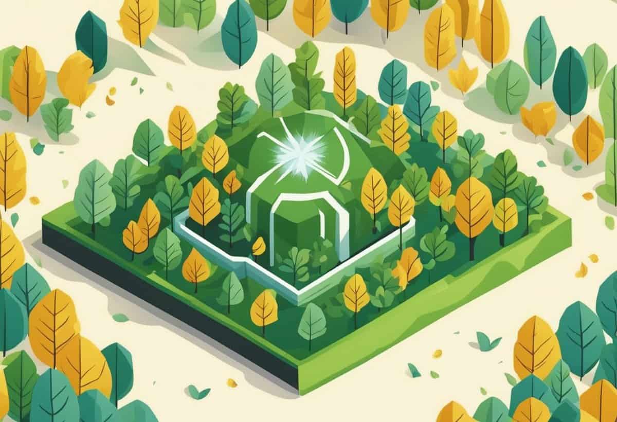 An illustrated sustainable green building surrounded by lush foliage in a stylized geometric landscape.