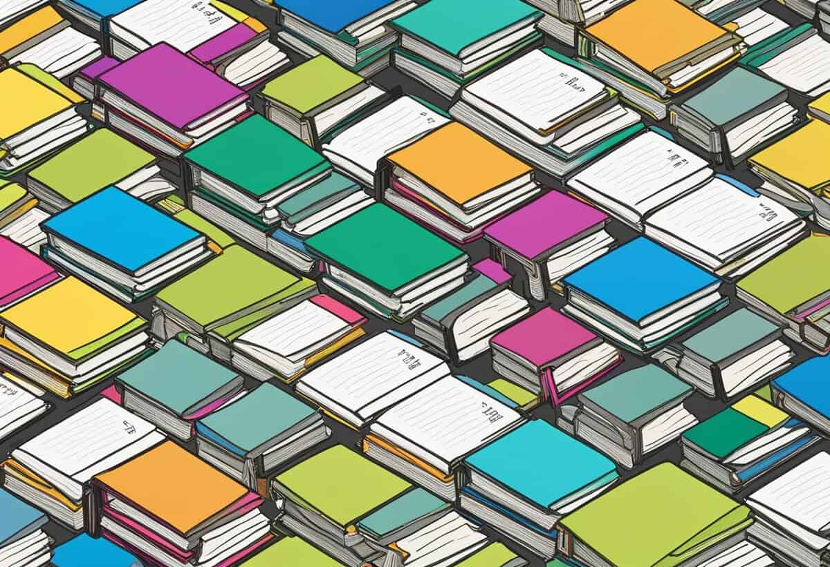 Grid of colorful, open notebooks with blank pages.