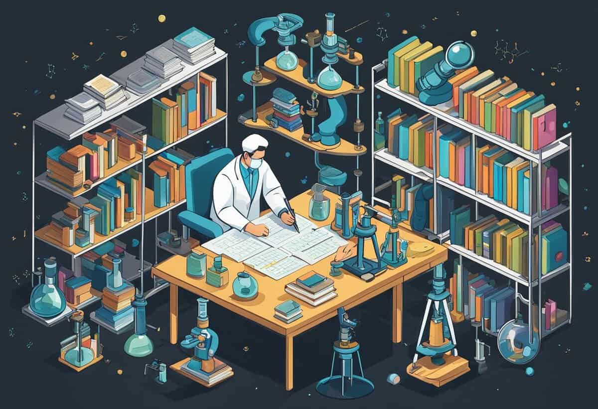 Illustration of a scientist working amidst laboratory equipment and bookshelves filled with literature.