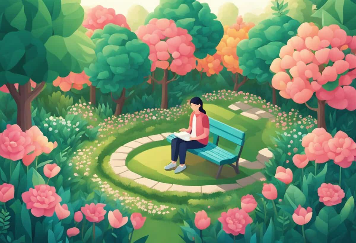A person sitting on a park bench surrounded by lush greenery and colorful flowers.