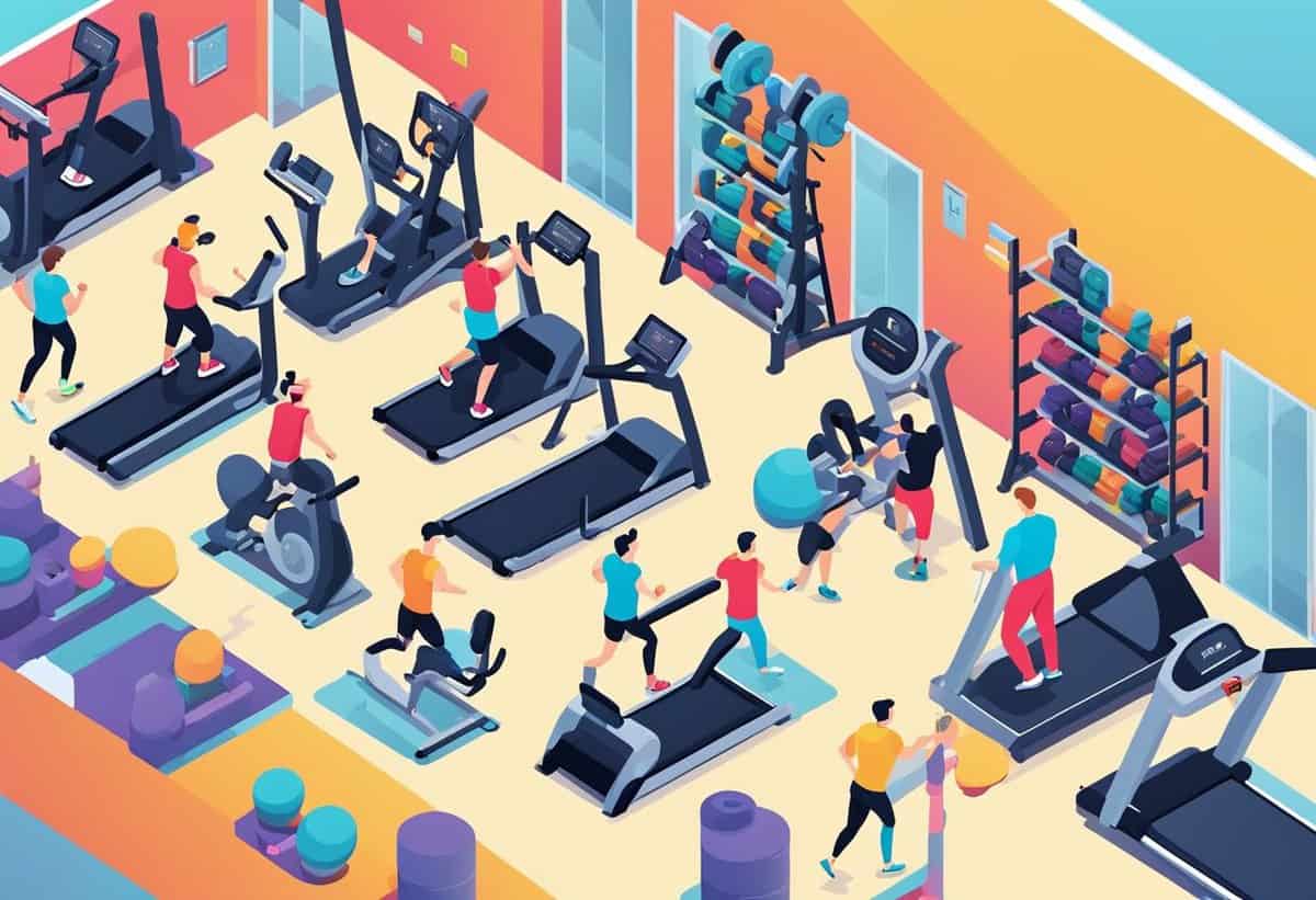 Colorful illustration of people exercising in a well-equipped gym.