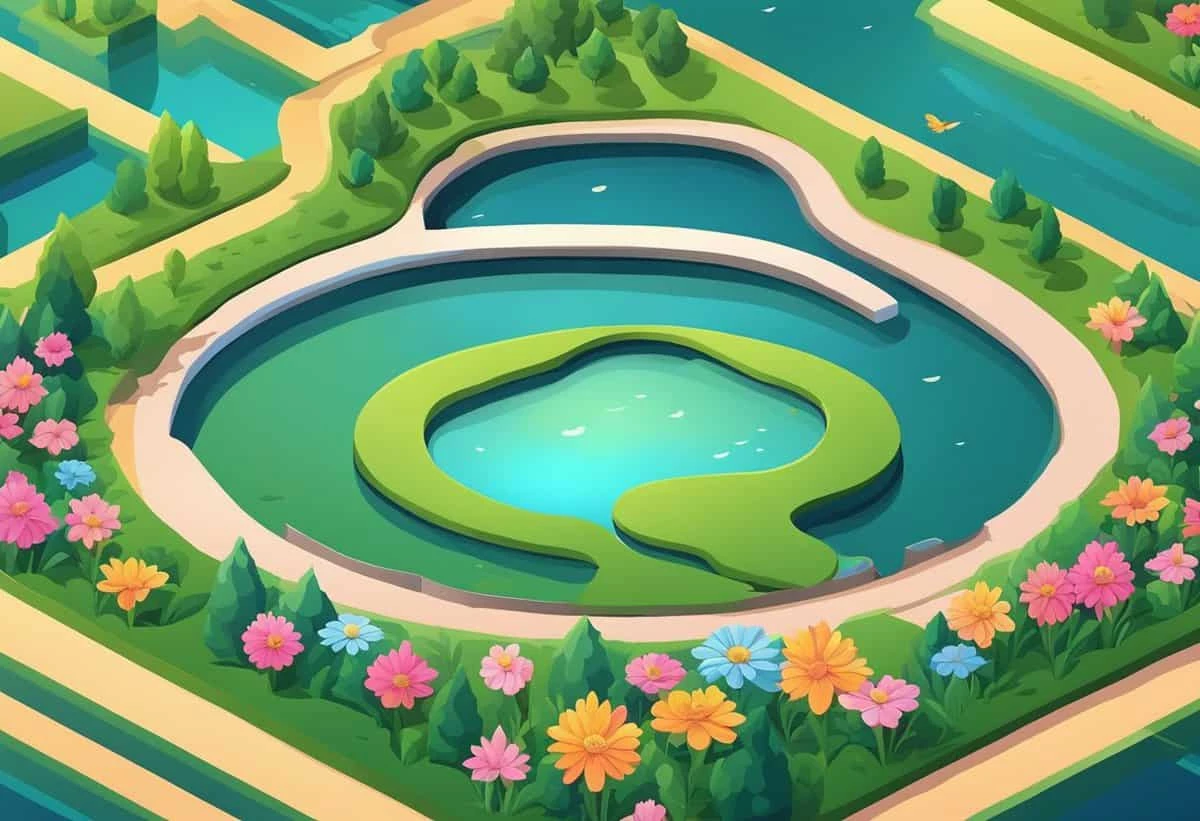 An illustrated serene park scene featuring a spiral-shaped pond surrounded by greenery and vibrant flowers.