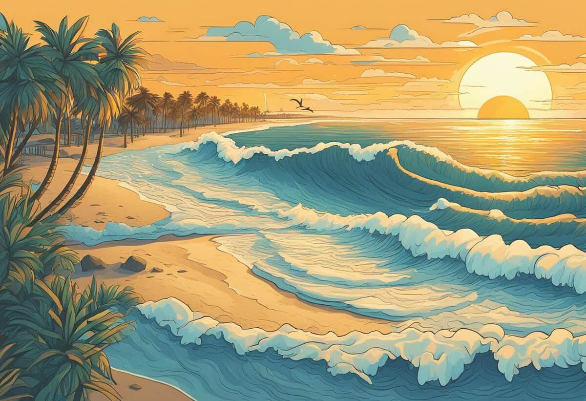 A vibrant illustration of a tropical beach at sunset with rolling waves, palm trees, and a cloudy sky.