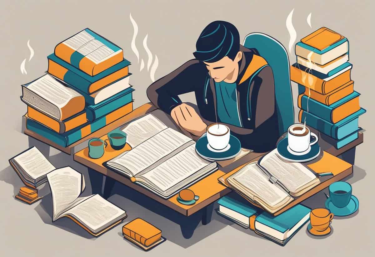 A person deeply engrossed in studying surrounded by stacks of books and cups of coffee.