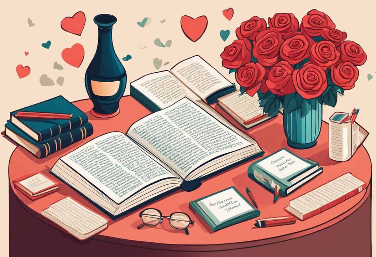 A cozy reading setup with a bouquet of roses, books, glasses, and a candle, suggesting a romantic or relaxing atmosphere.