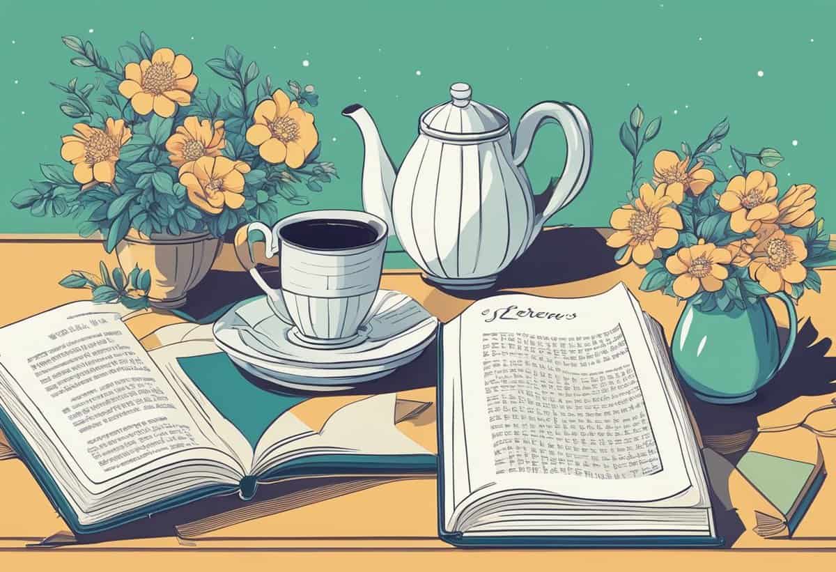 A serene illustrative setup featuring an open book, a cup of coffee on a saucer, a teapot, and vases with yellow flowers on a table with a turquoise backdrop.