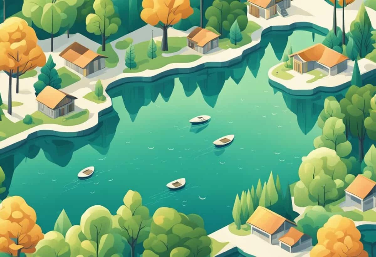 Idyllic riverside scenery with cottages, boats, and lush greenery in a stylized illustration.
