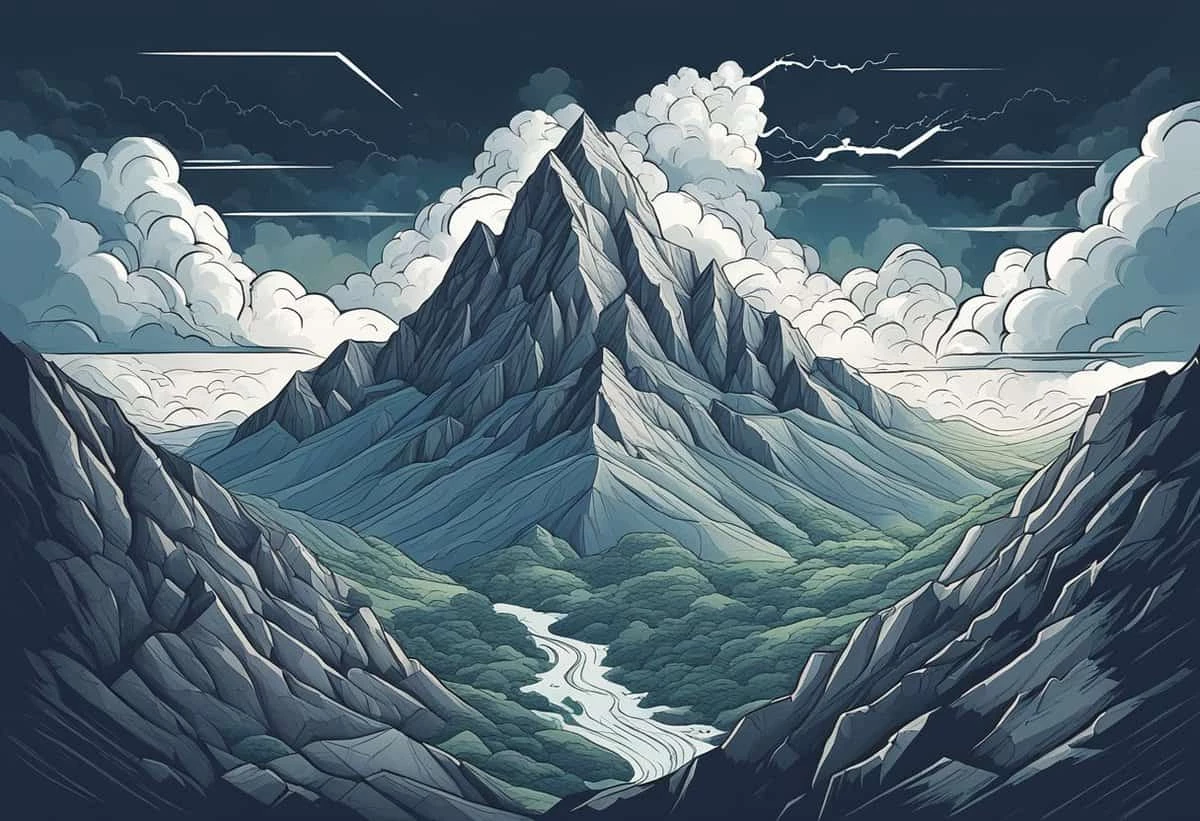 Illustration of a stylized mountain range with a river flowing through lush valleys, under a sky with geometric cloud patterns.