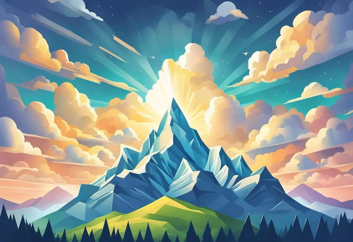A stylized illustration of a mountain peak with a vibrant sunrise and scattered clouds.