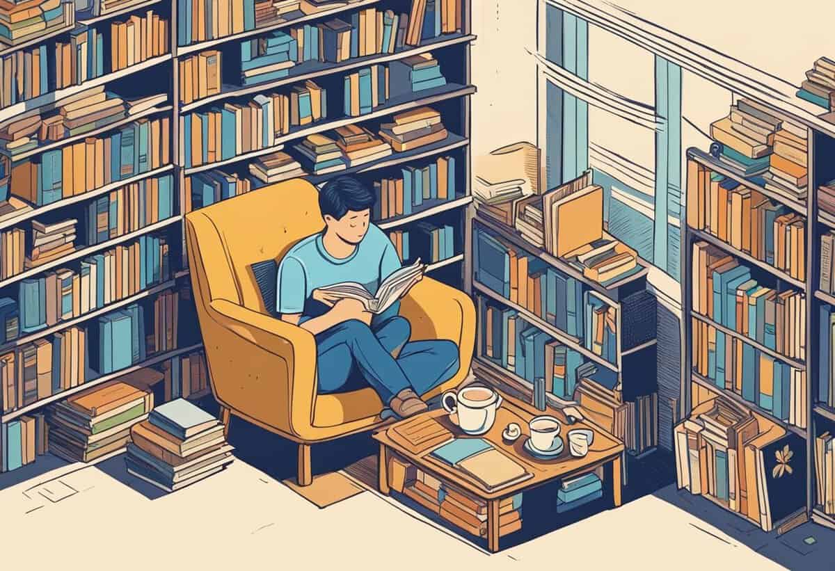 A person engrossed in reading a book while sitting in a cozy armchair surrounded by shelves full of books, with a cup of coffee on a small table nearby.