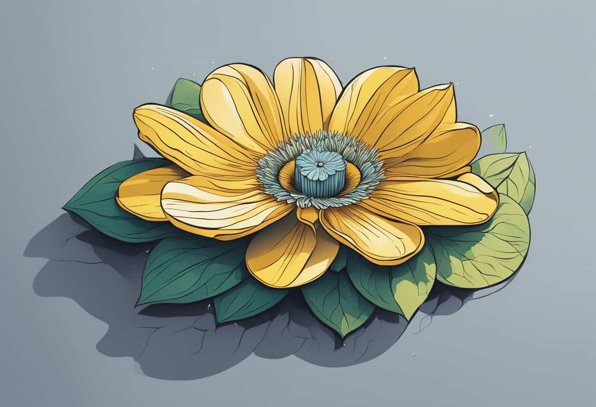 Illustration of a stylized yellow flower with green leaves and a shadow on a gray background.