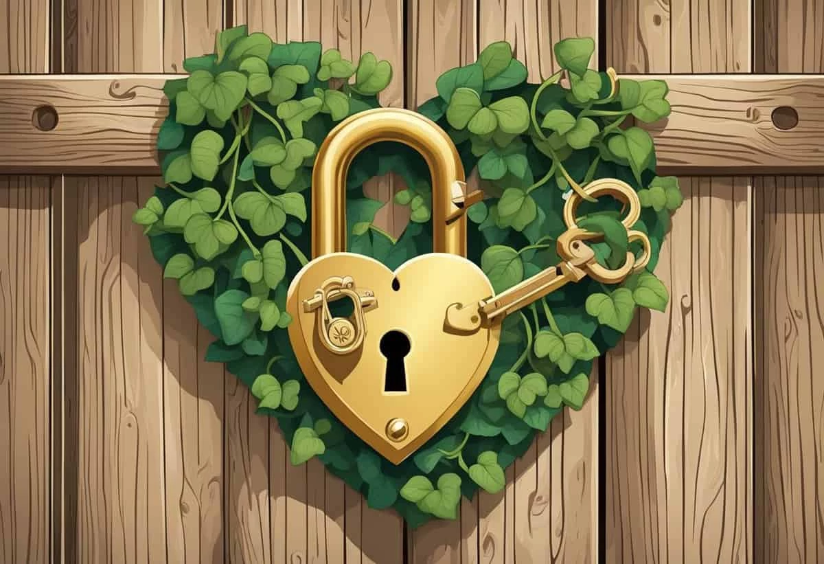 Golden heart-shaped lock with key surrounded by green ivy on a wooden background.