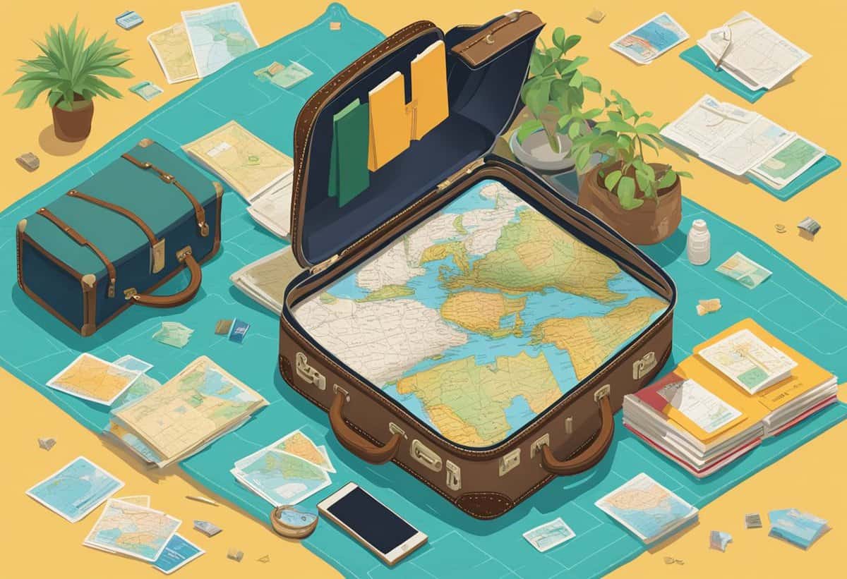 An illustrated travel concept with an open suitcase displaying a world map surrounded by travel items and documents on a pastel background.