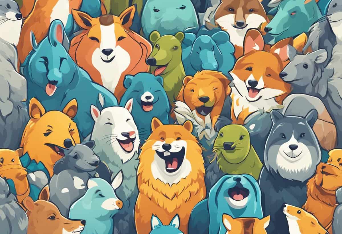 A colorful illustration of a cheerful crowd of various cartoon animals smiling.