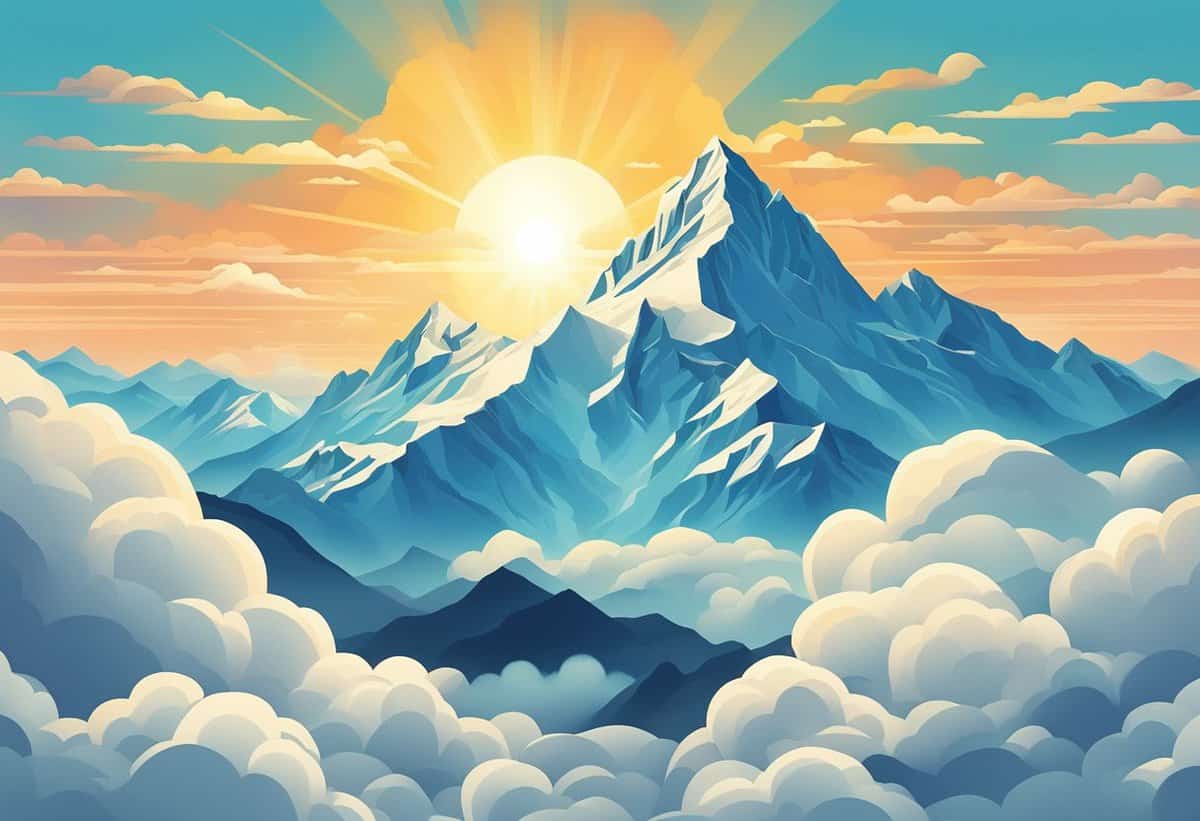 A stylized illustration of a sunrise over a mountain range, with prominent sunbeams and clouds.