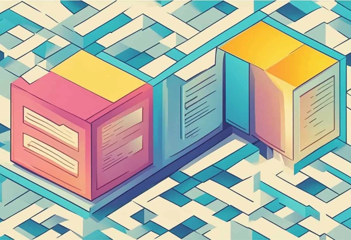 Two stylized 3d blocks with retro color schemes on a complex geometric patterned background.