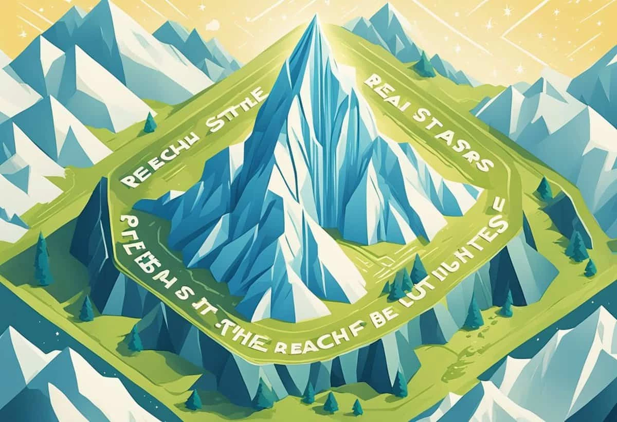 A stylized illustration of a mountain range with a prominent peak in the center, featuring a circular banner with decorative text.