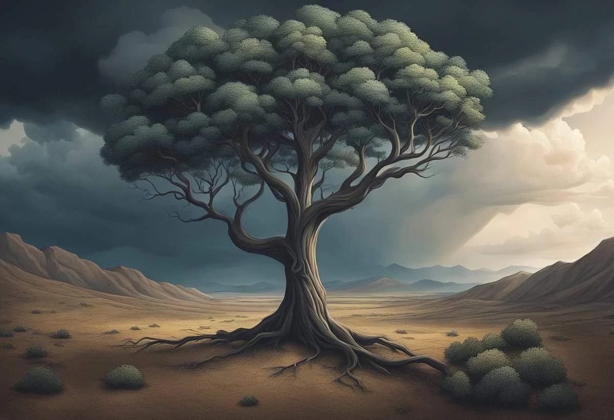 A solitary tree with a lush canopy stands prominent in a desolate desert landscape under a dramatic sky.