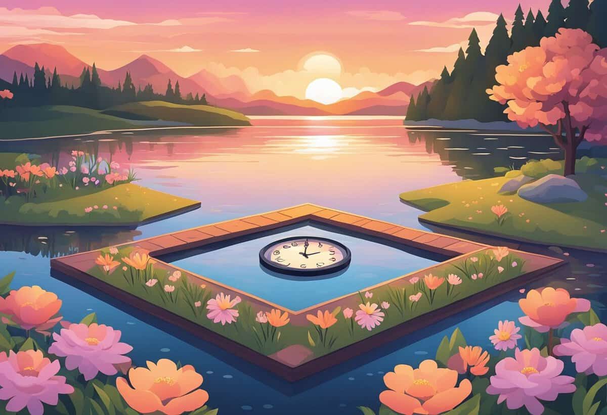 A serene illustration of a sunset view over a lake with a floating platform containing a compass, surrounded by flowers against a backdrop of mountains and trees.