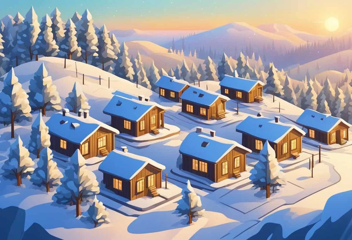 Winter cabins covered in snow at sunset.
