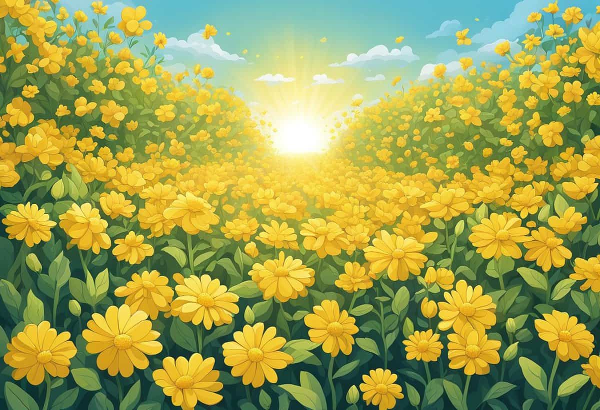 A vibrant field of yellow flowers under a sunny sky.