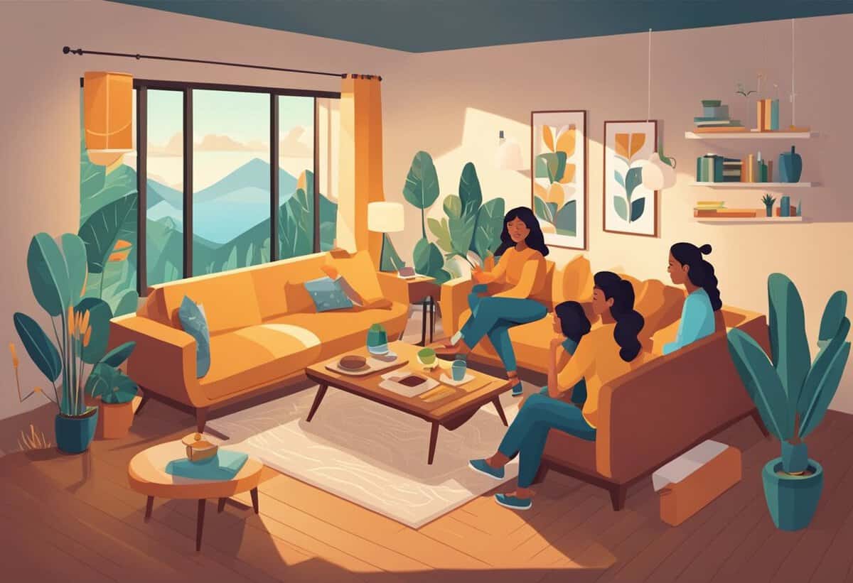 Four people are sitting in a cozy living room with large windows and houseplants, engaging in a conversation while sitting on and around a yellow sofa.