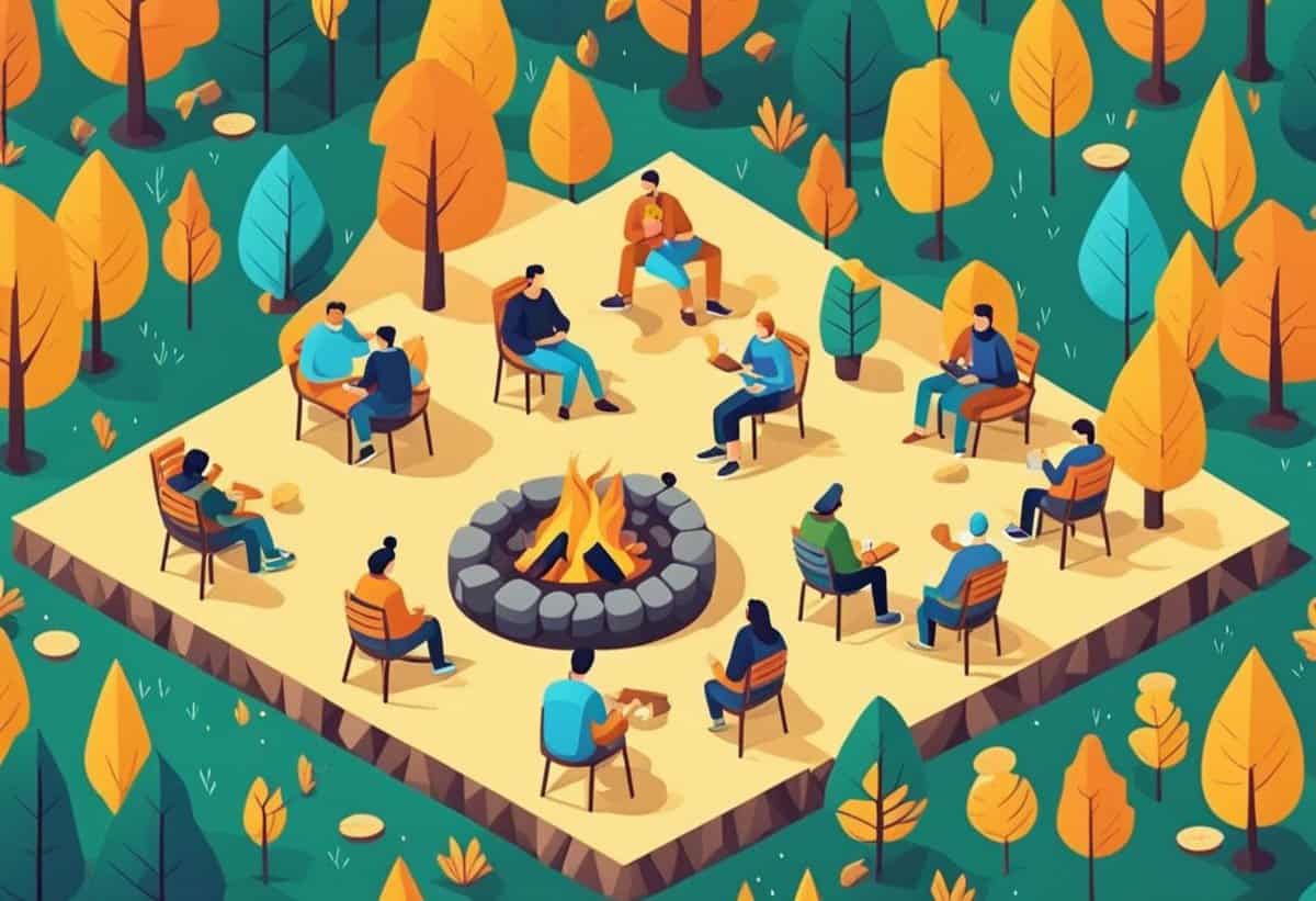 Groups of people seated on benches around a central campfire in a stylized autumnal forest setting.