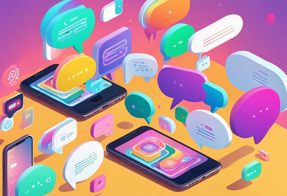 Colorful illustration of smartphones with a vibrant array of speech bubbles symbolizing digital communication and social media interaction.