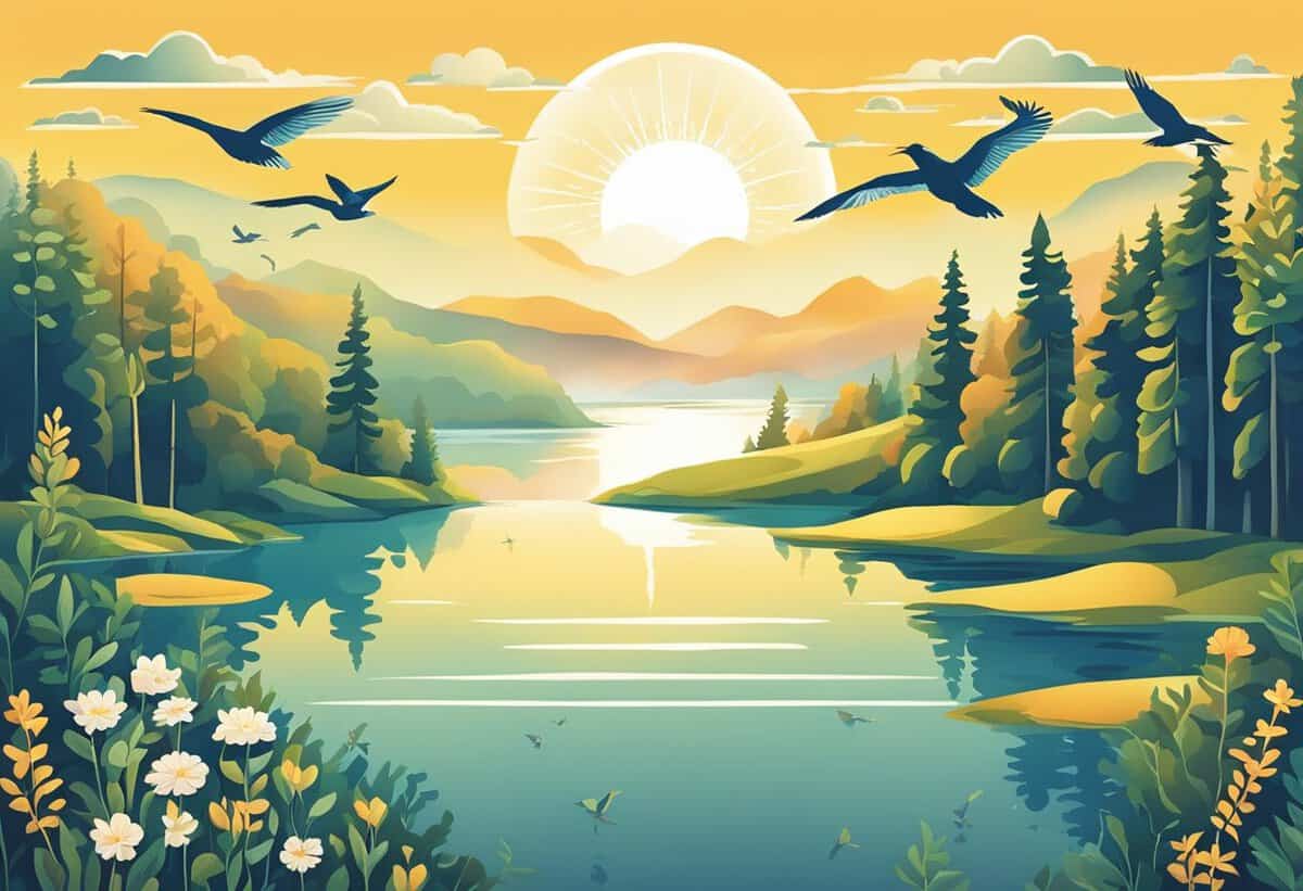 Birds fly over a serene lake surrounded by forests and mountains at sunrise.