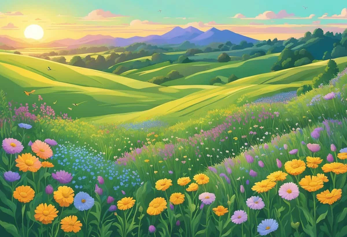 A vibrant illustration of a colorful meadow with various flowers in the foreground and rolling hills under a sunset in the background.