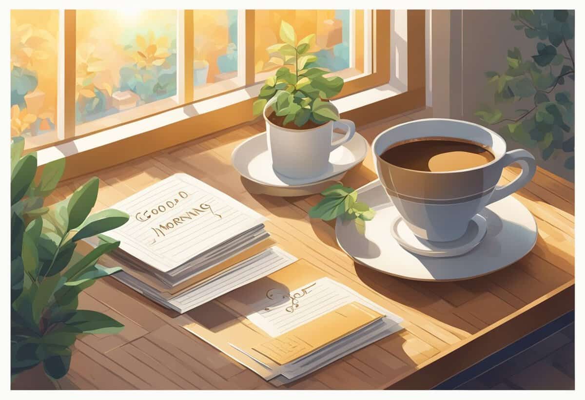 A cozy morning scene with a cup of coffee, a potted plant, and stationery on a sunlit wooden table by the window.