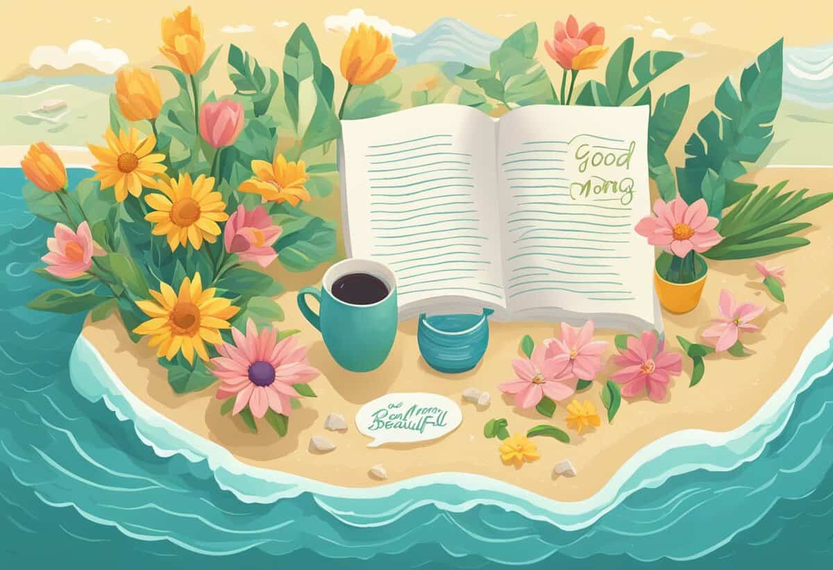 Illustration of an idyllic morning setting with an open journal, a cup of coffee, and vibrant flowers on a sandy shore against a backdrop of gentle ocean waves.