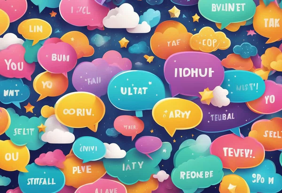 Colorful speech bubbles with various nonsensical words floating among stylized clouds on a starry background.
