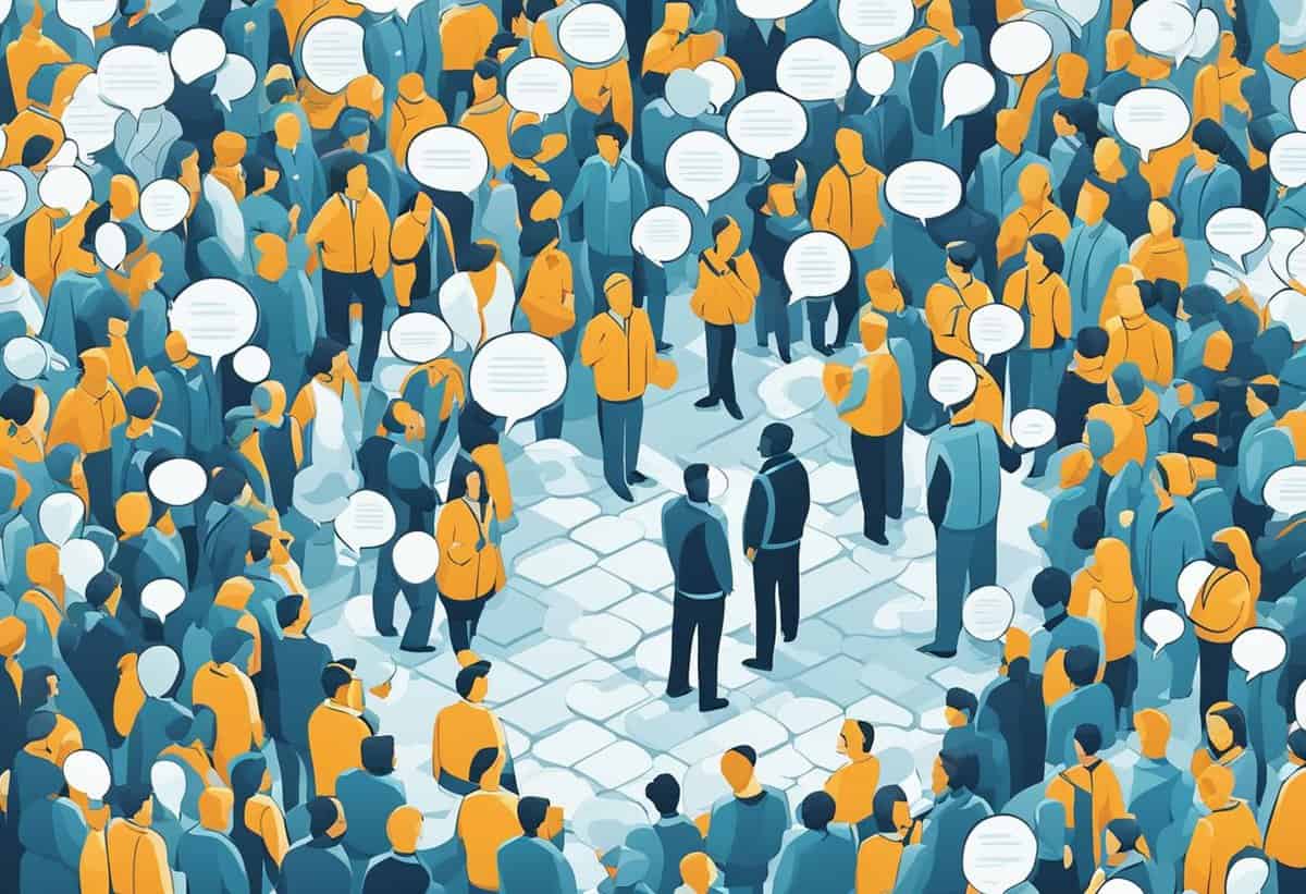 A crowd of illustrated people in shades of blue and orange, with many speech bubbles indicating a bustling conversation.