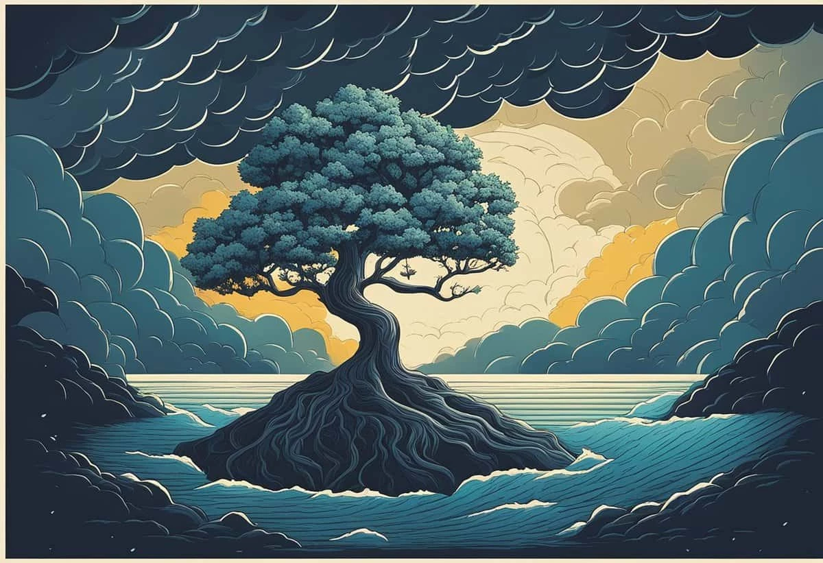 Stylized illustration of a solitary tree on a small island amidst a sea with wave patterns and a backdrop of layered clouds.
