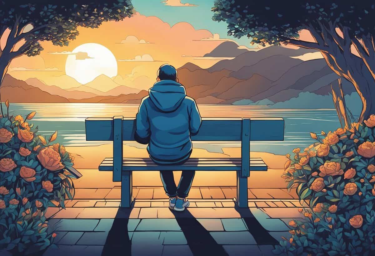 Person sitting on a bench enjoying a scenic sunset by the lake surrounded by flowers.