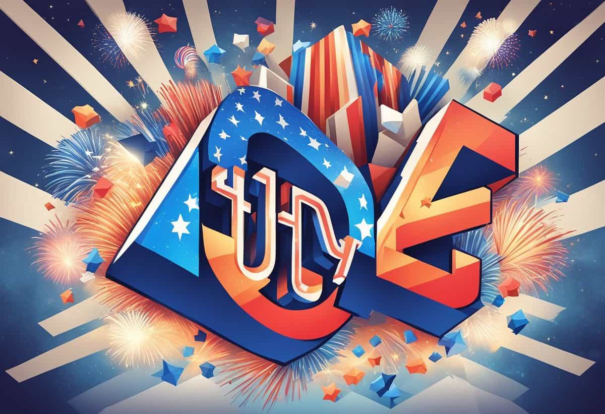 Vibrant graphic of the letters "usa" with american flag motif and celebratory fireworks in the background.