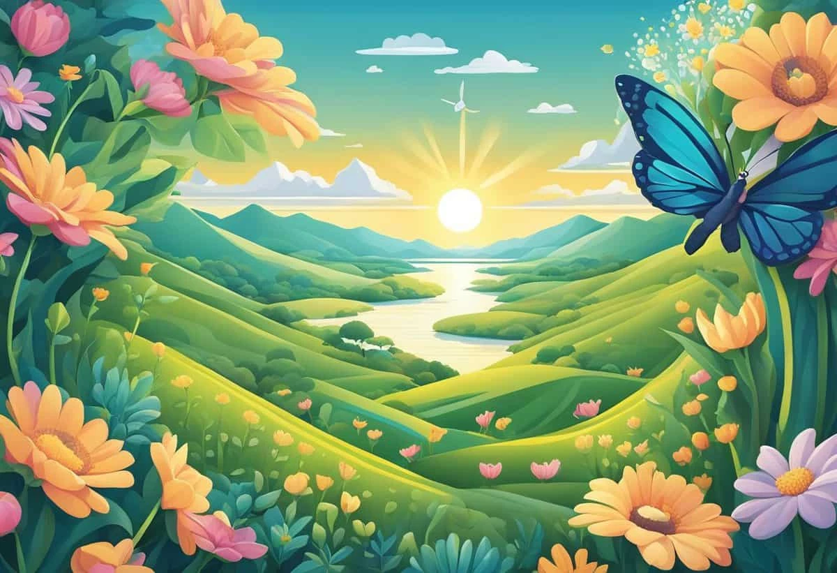 A vibrant, stylized illustration of a lush valley with abundant flowers and a butterfly, under a sunset sky.