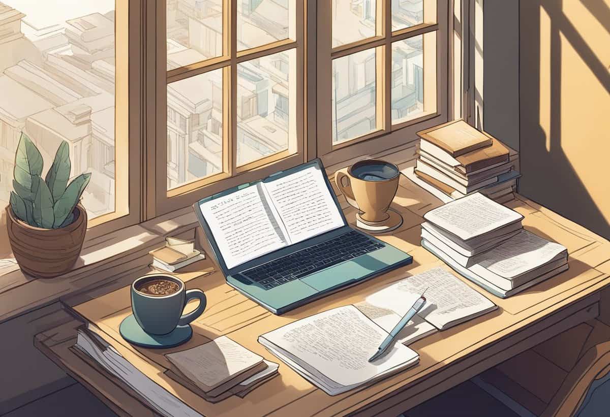 A cozy study setup with an open laptop, books, and a cup of coffee by a sunlit window.