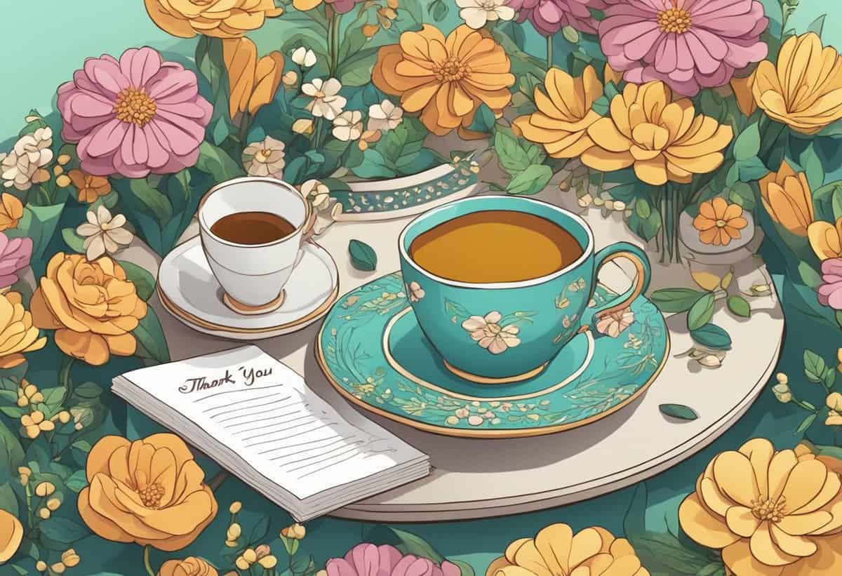 Two cups of tea on a floral tray with a "thank you" note.