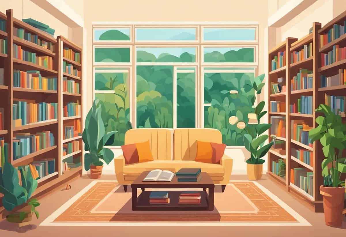 A cozy reading nook with a comfortable couch, coffee table with books, surrounded by bookshelves, and a window overlooking green hills.