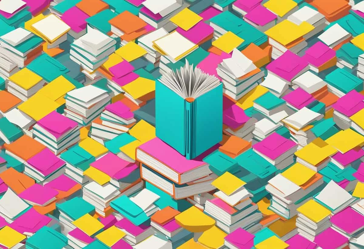 An open book standing upright on a colorful background of stacked, closed books.