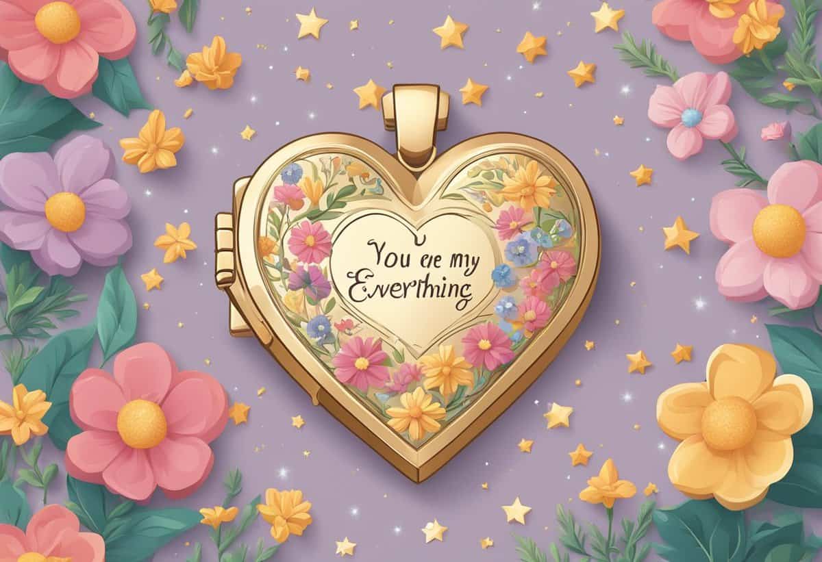 An illustrated heart-shaped locket with floral design and the message "you are my everything" surrounded by flowers and stars on a purple background.