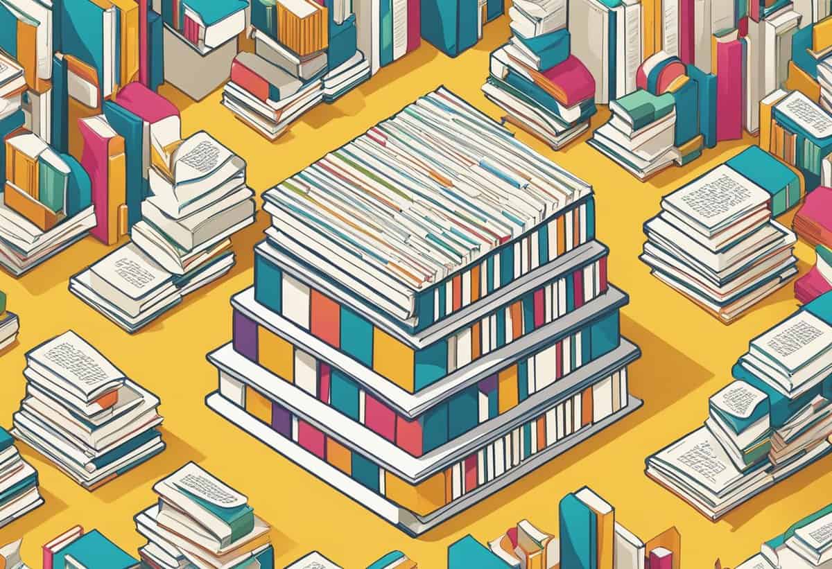 A colorful illustration of numerous books organized in stacks and patterns on a yellow background.