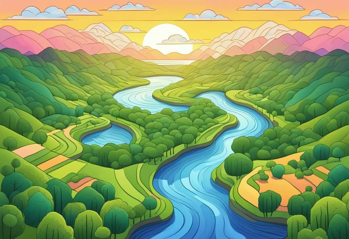 An illustrated landscape featuring a serpentine river flowing through green valleys with colorful rolling hills and mountains in the background under a sunset sky.